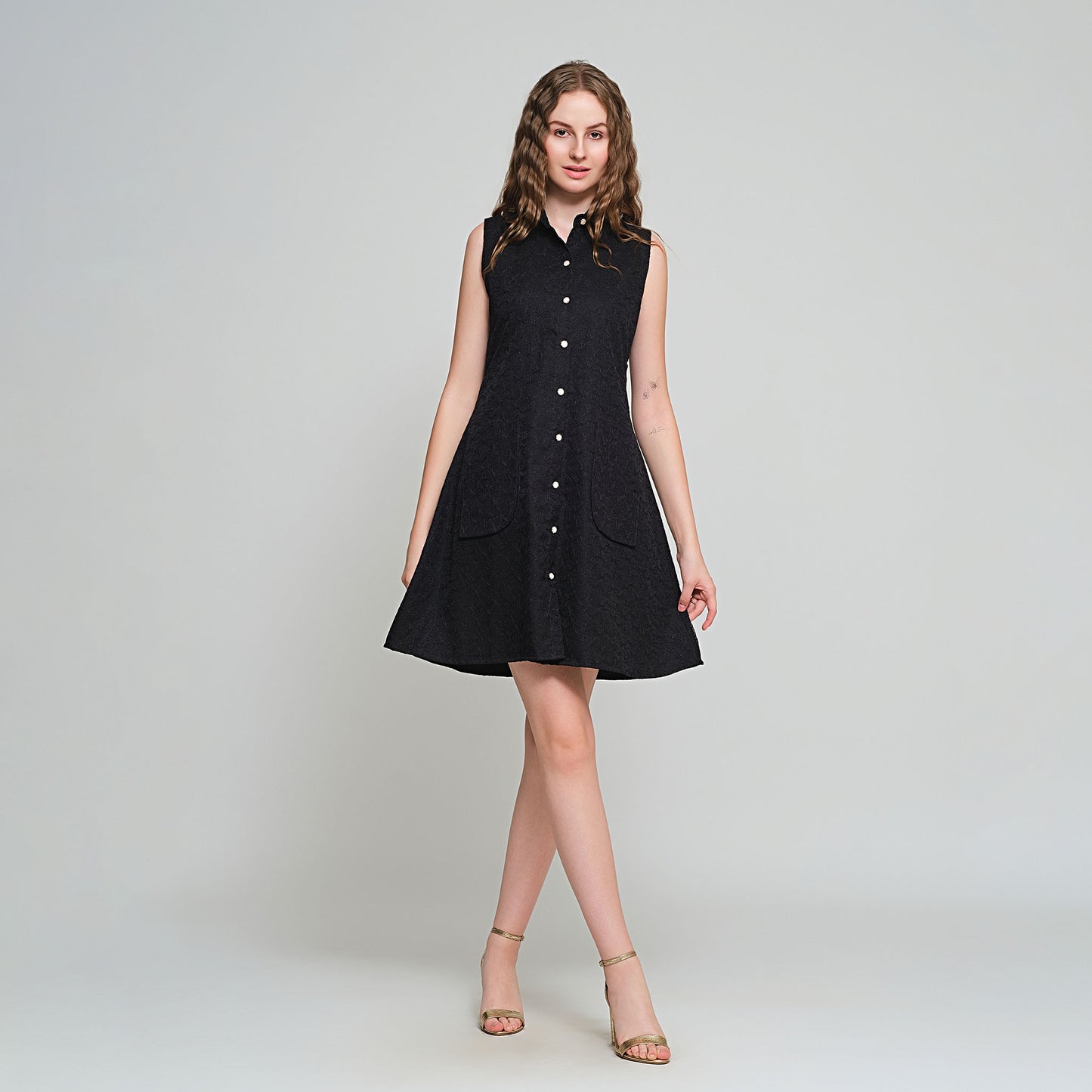 Violet Shirt Dress with Detachable sleeves - Black Embroidered