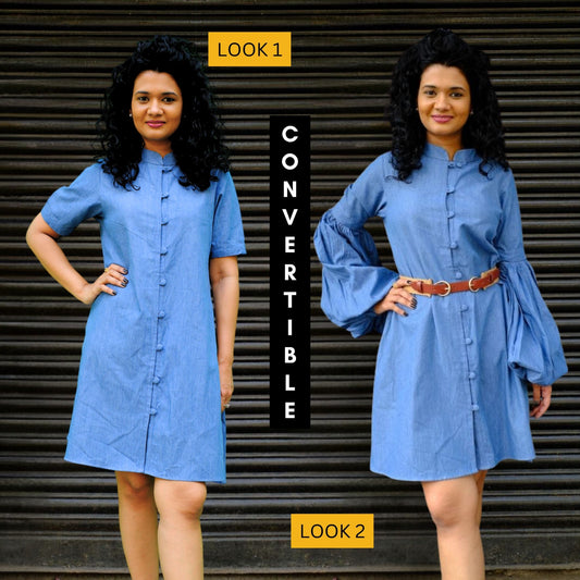 Cece Denim Dress with Convertible Sleeves