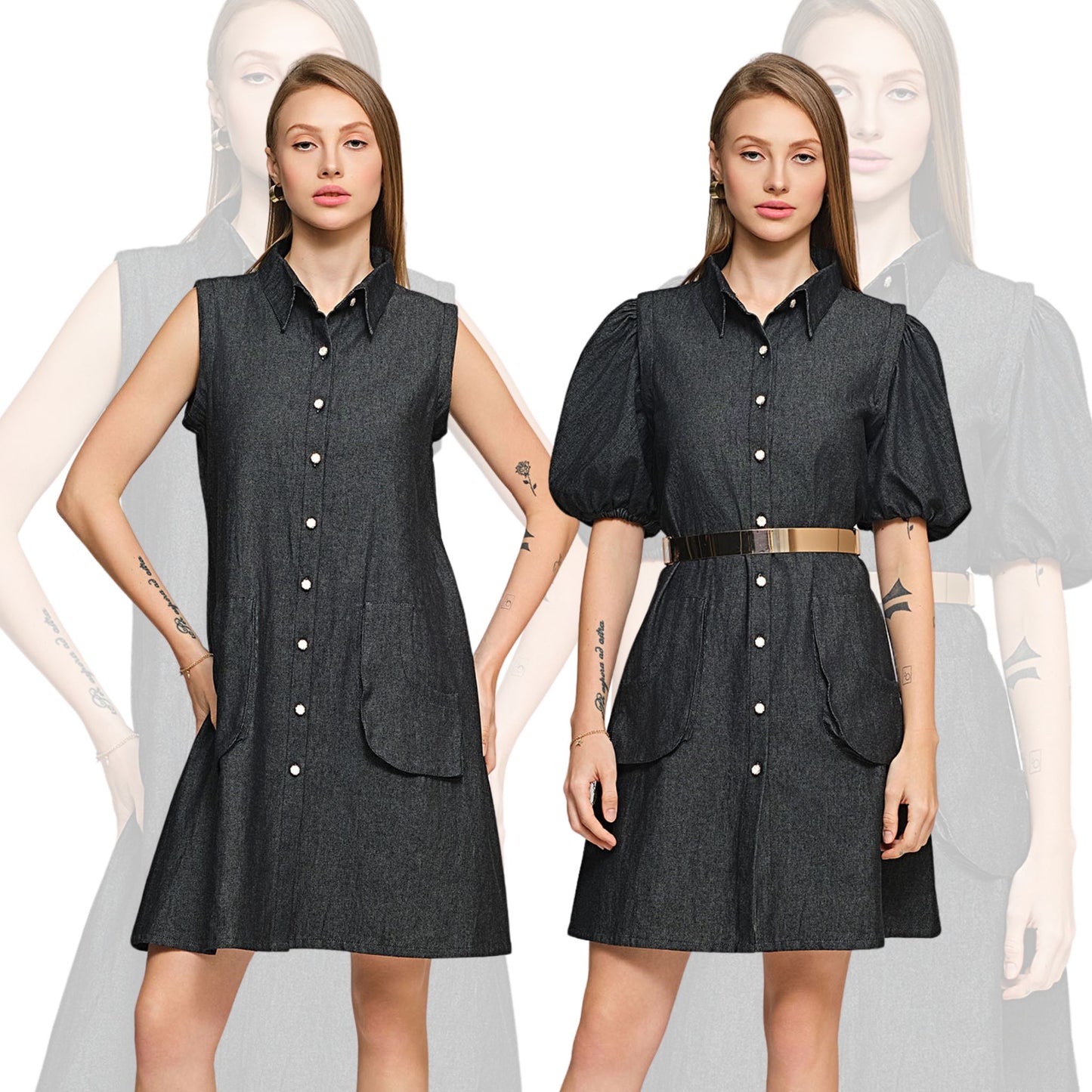 Violet Shirt Dress with Detachable sleeves - Denim