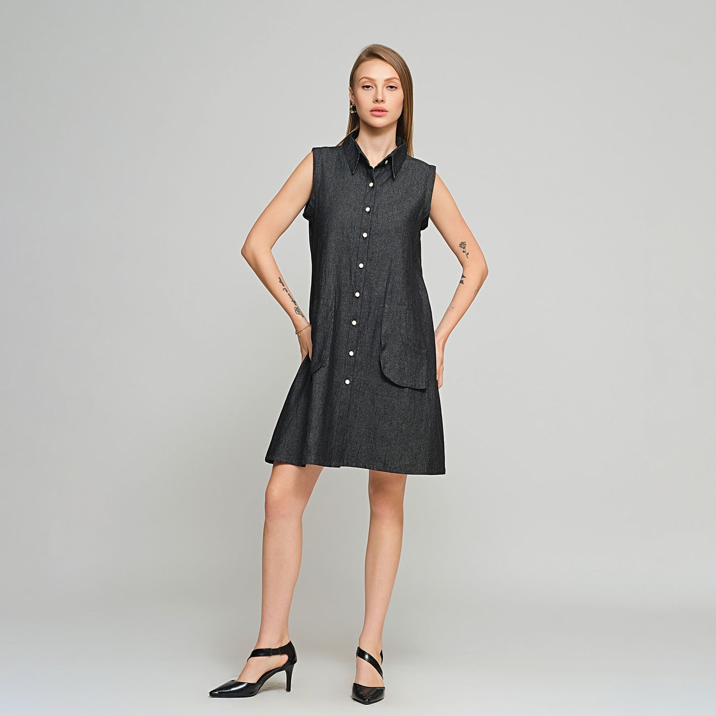 Violet Shirt Dress with Detachable sleeves - Denim
