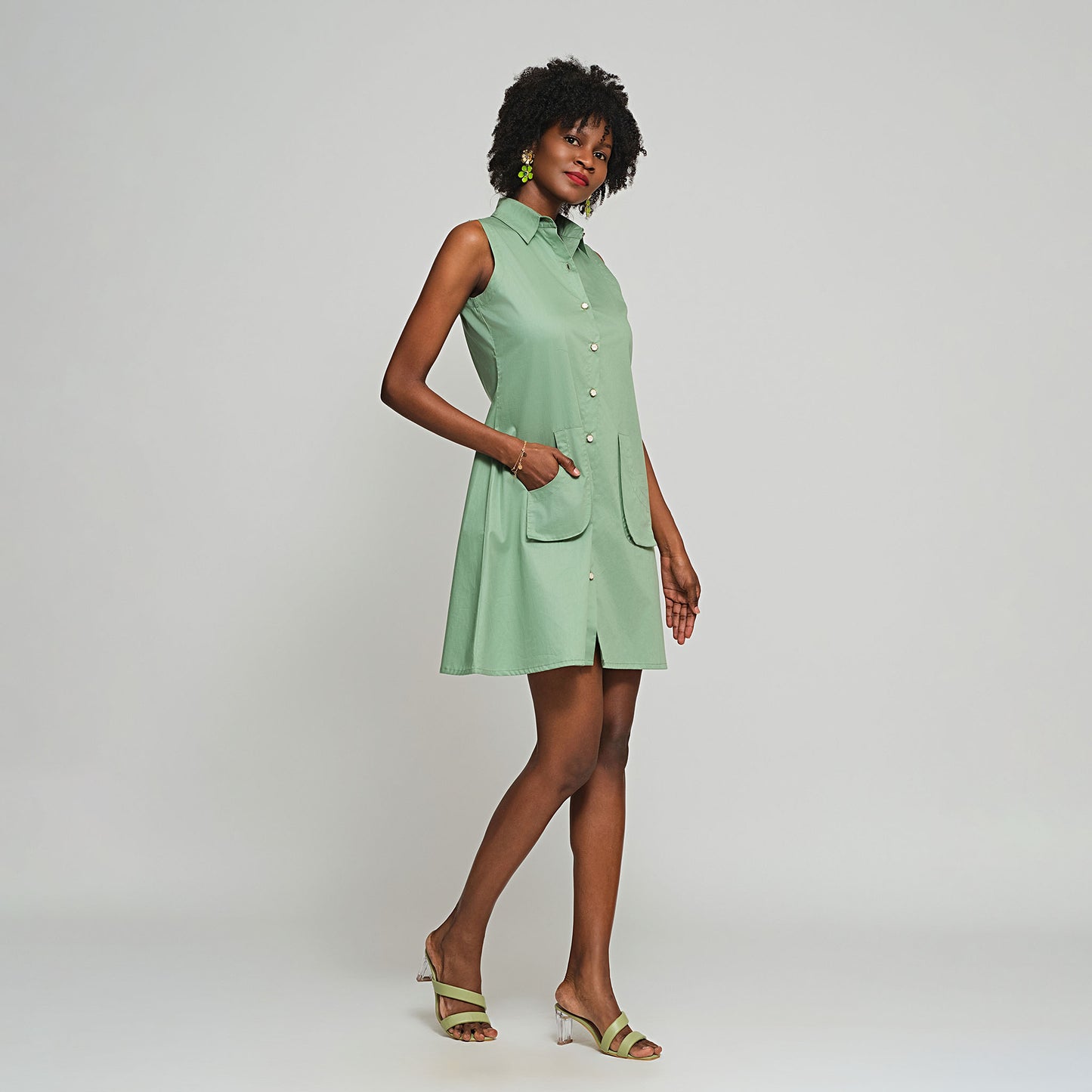 Violet Shirt Dress with Detachable sleeves - Green