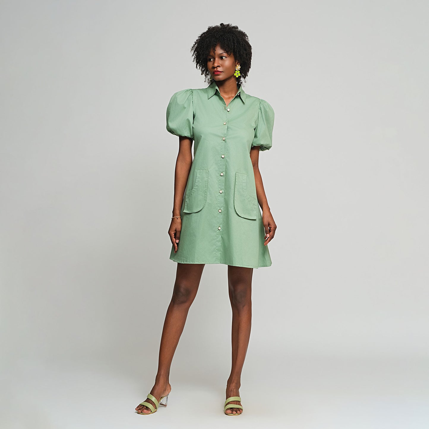 Violet Shirt Dress with Detachable sleeves - Green