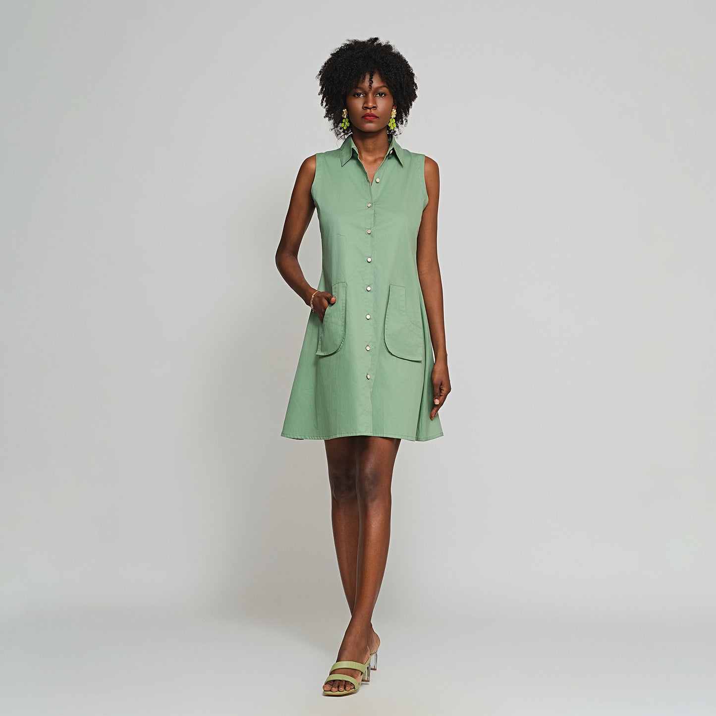 Violet Shirt Dress with Detachable sleeves - Green