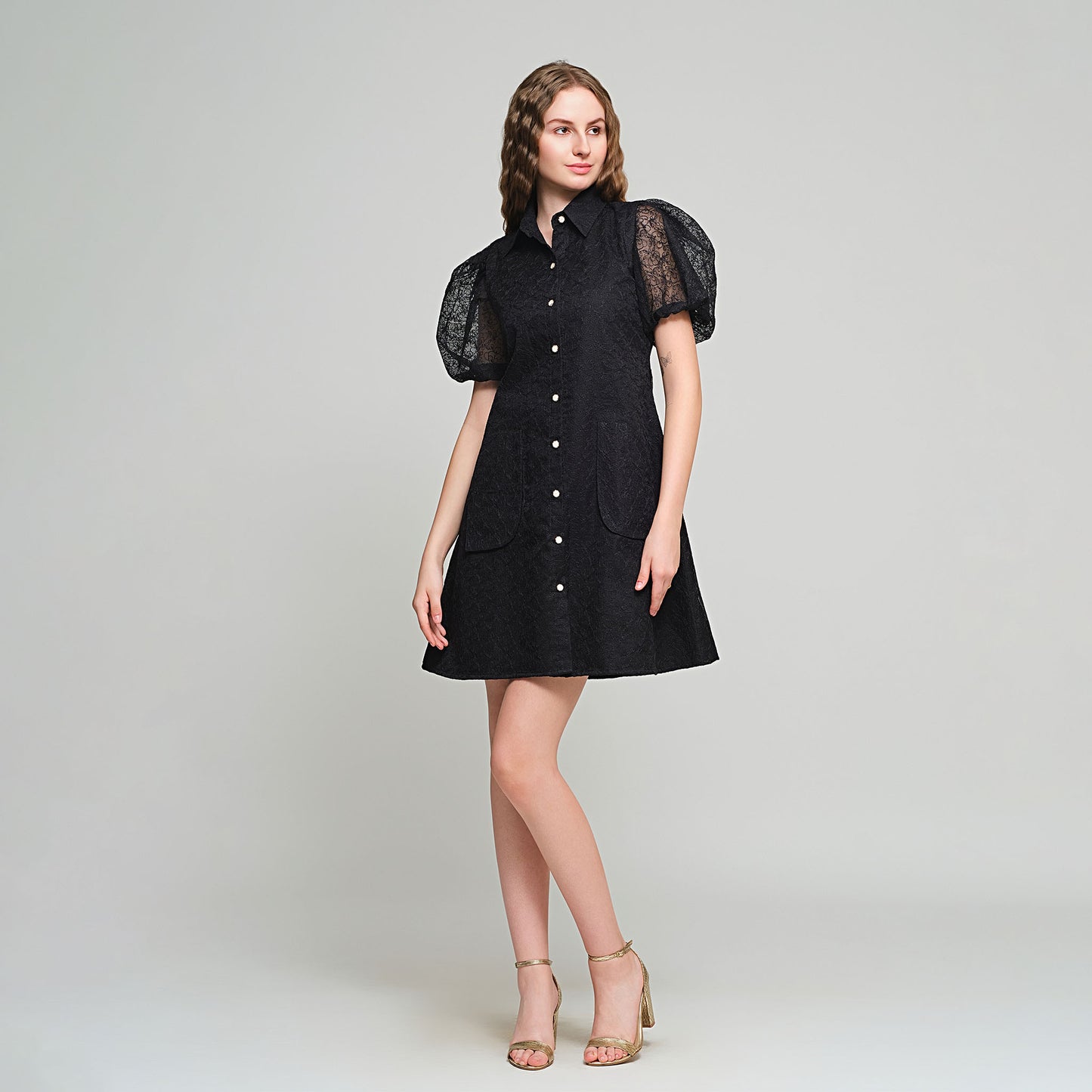 Violet Shirt Dress with Detachable sleeves - Black Embroidered