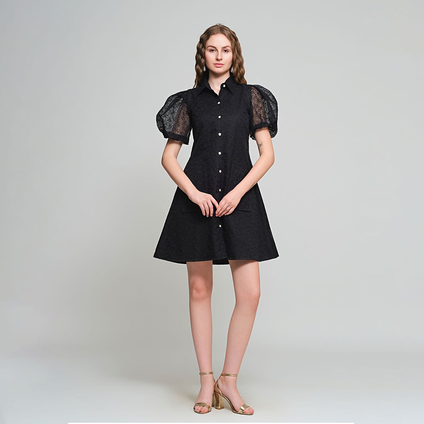 Violet Shirt Dress with Detachable sleeves - Black Embroidered
