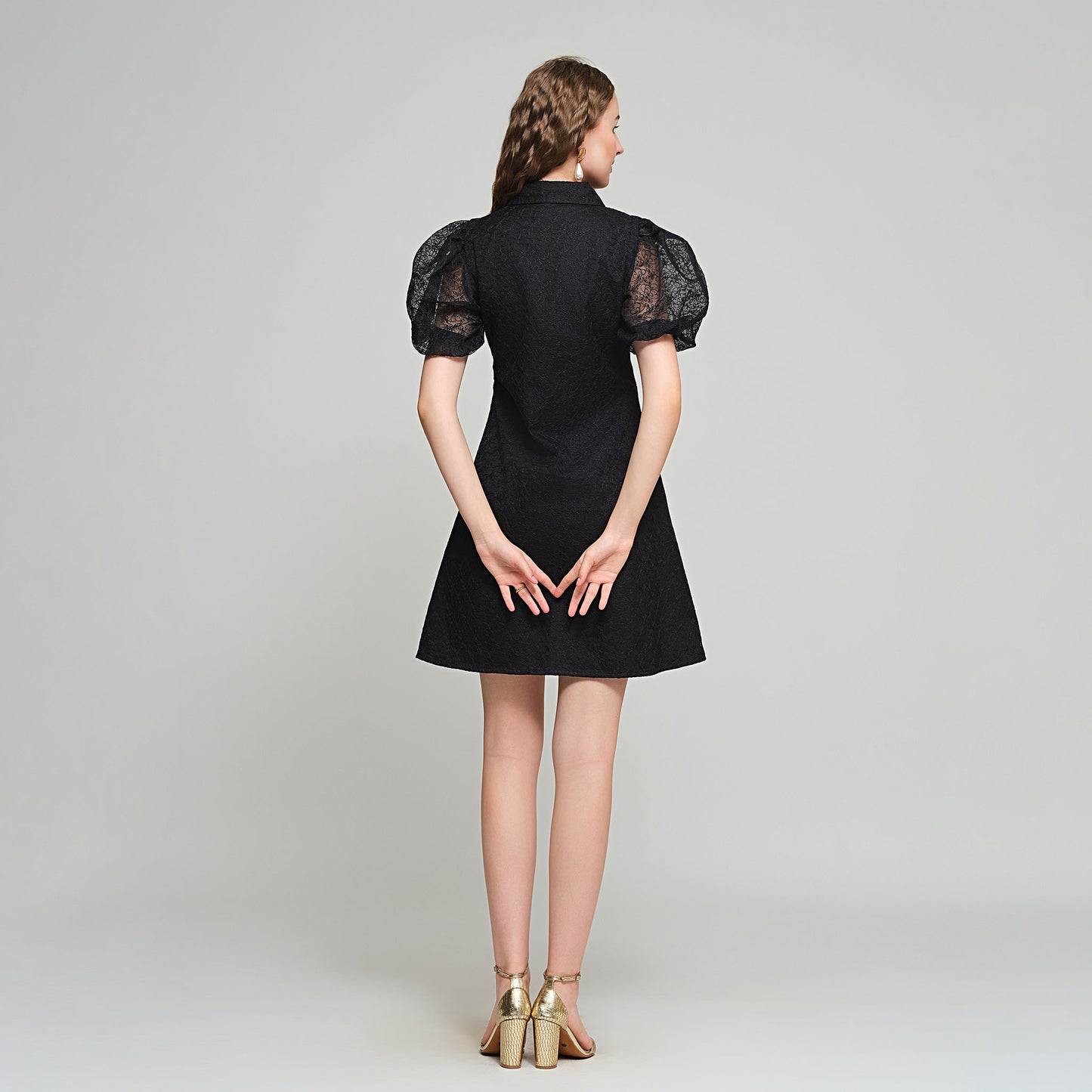 Violet Shirt Dress with Detachable sleeves - Black Embroidered