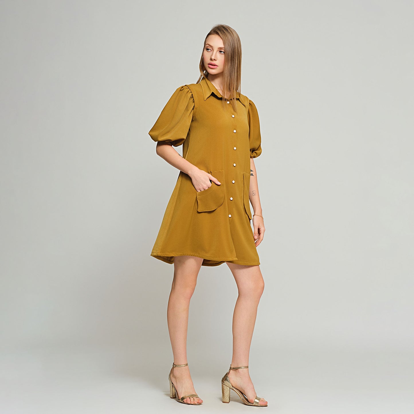 Violet Shirt Dress with Detachable sleeves - Olive