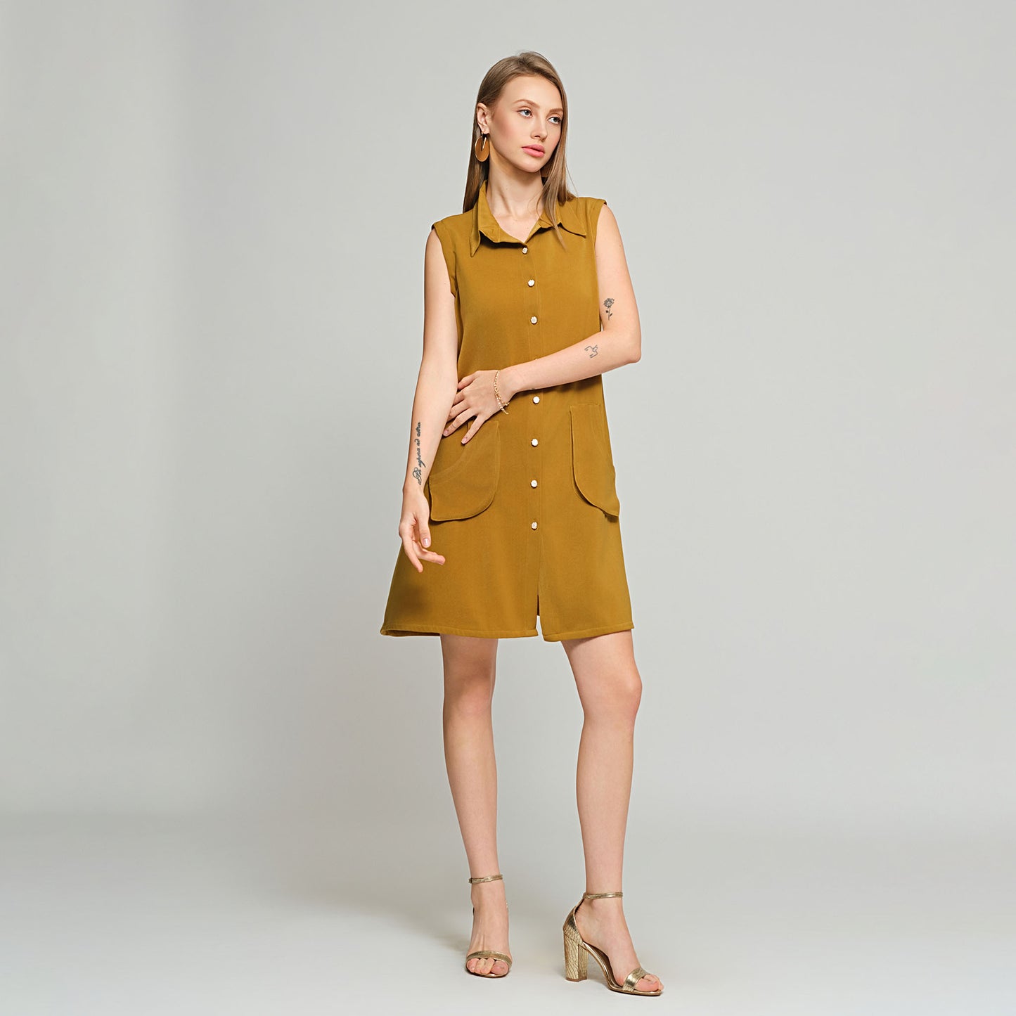 Violet Shirt Dress with Detachable sleeves - Olive