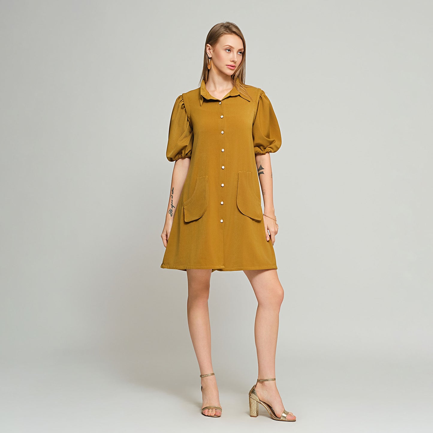 Violet Shirt Dress with Detachable sleeves - Olive