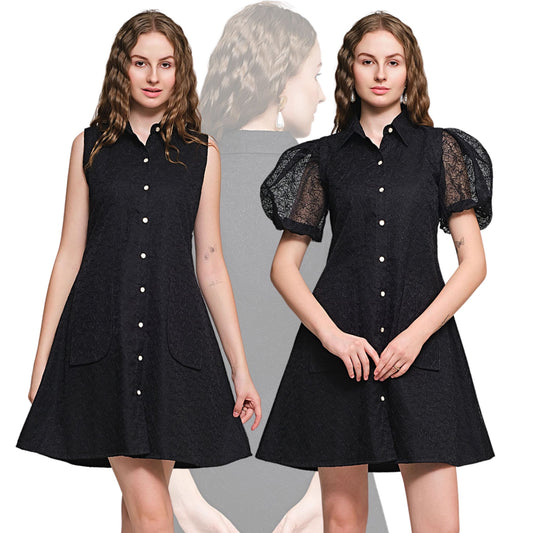 Violet Shirt Dress with Detachable sleeves - Black Embroidered