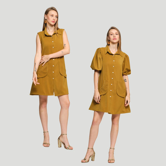 Violet Shirt Dress with Detachable sleeves - Olive