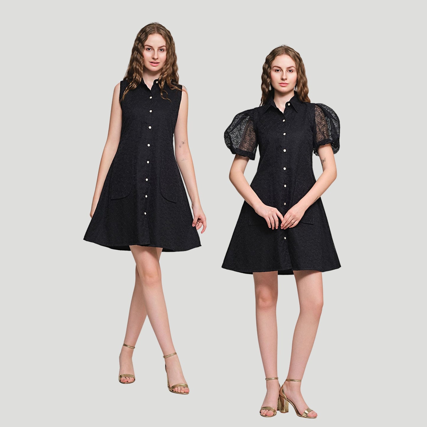 Violet Shirt Dress with Detachable sleeves - Black Embroidered